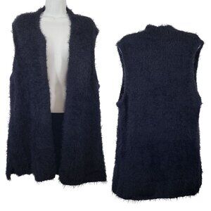 Olsen Europe Eyelash Fringe Vest Long Line Retro Boho Blue Fits Size L 41" Chest